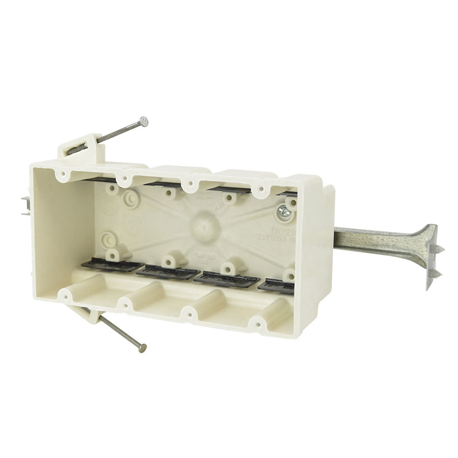 4300-NBK Four gang electrical box with nails adjustable stabilizing bar