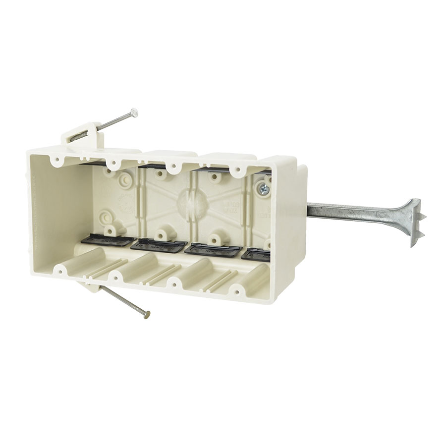 4304-NBK Four gang electrical box with nails adjustable stabilizing bar