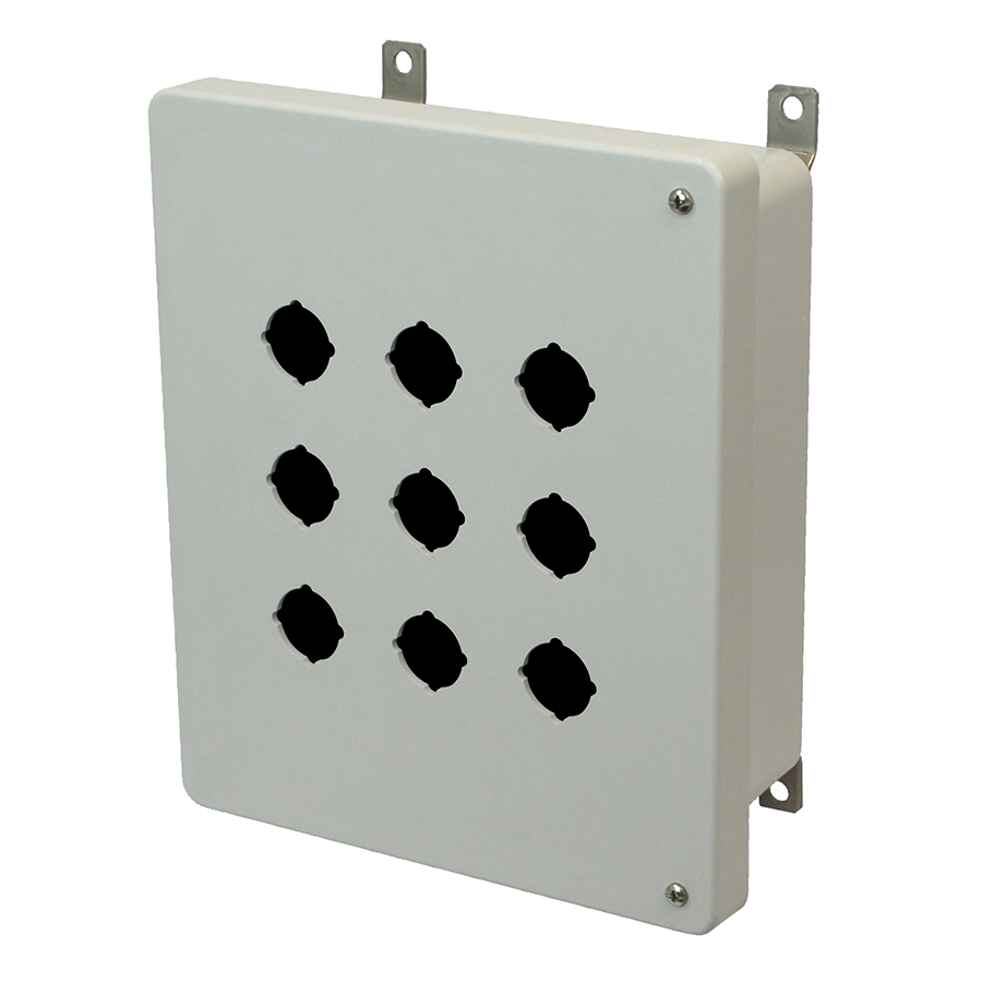 AM1084HP9 Fiberglass enclosure with 2screw hinged cover and 9 pushbutton holes