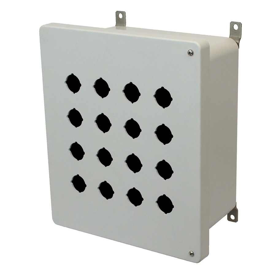 AM1206HP16 Fiberglass enclosure with 2screw hinged cover and 16 pushbutton holes